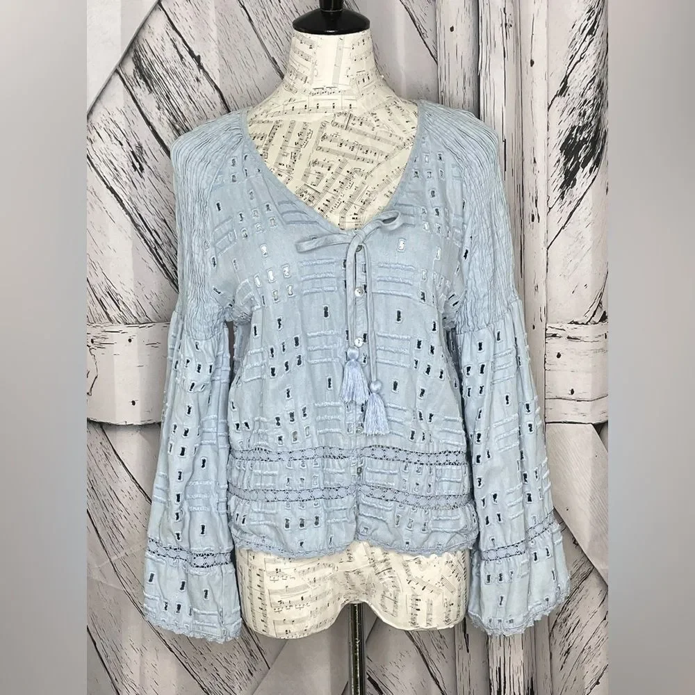 Zara TRF Collection Blue Eyelet Blouse Bell Sleeve Size S